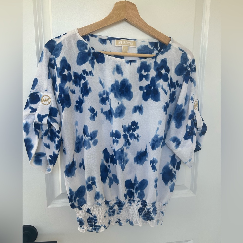 MICHAEL Michael Kors White and Blue Floral Peasant Blouse